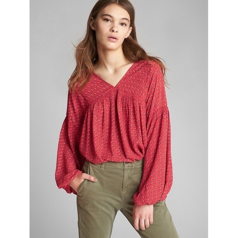 GAP Blouse Red Renfair Peasant Floral Womens Small Cottagecore Boho Dainty